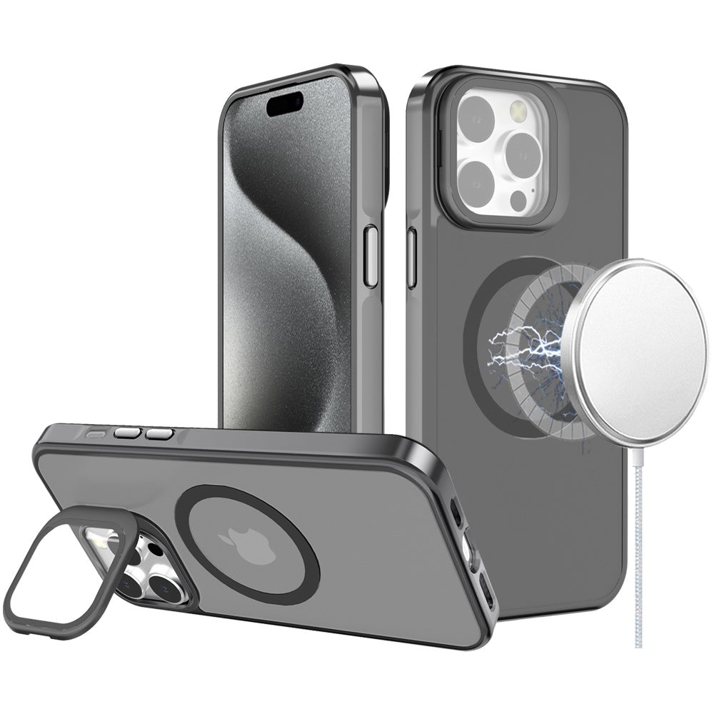 For Apple iPhone 16 Pro (6.3") Tough HQ Hybrid Case with Aluminum Frame Camera Stand, Compatible with MagSafe, Translucent Matte Shockproof Case Cover