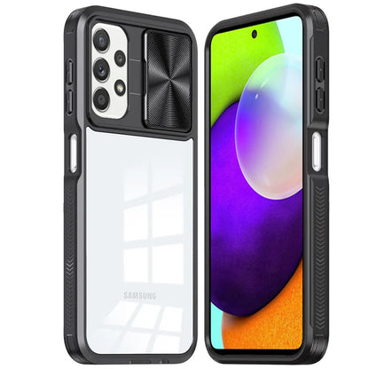 For Samsung Galaxy A52 5G Hybrid Cases with Sliding Camera Cover Transparent Shockproof Bumper TPU Protective Case Cover Black