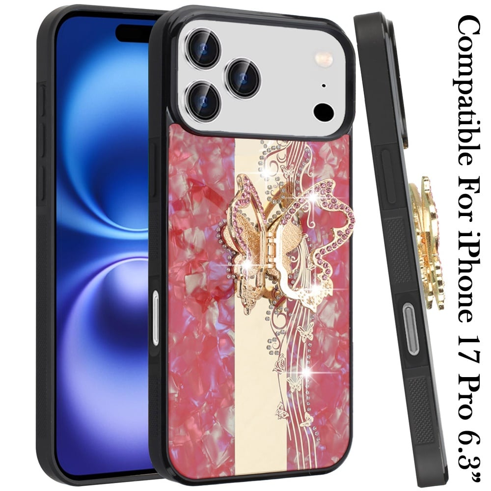 For Apple iPhone 17 Pro (6.3") Diamonds 3D Fashion Bling Sparkly Glitter Ornaments Engraving Hybrid with Ring Stand Case Cover