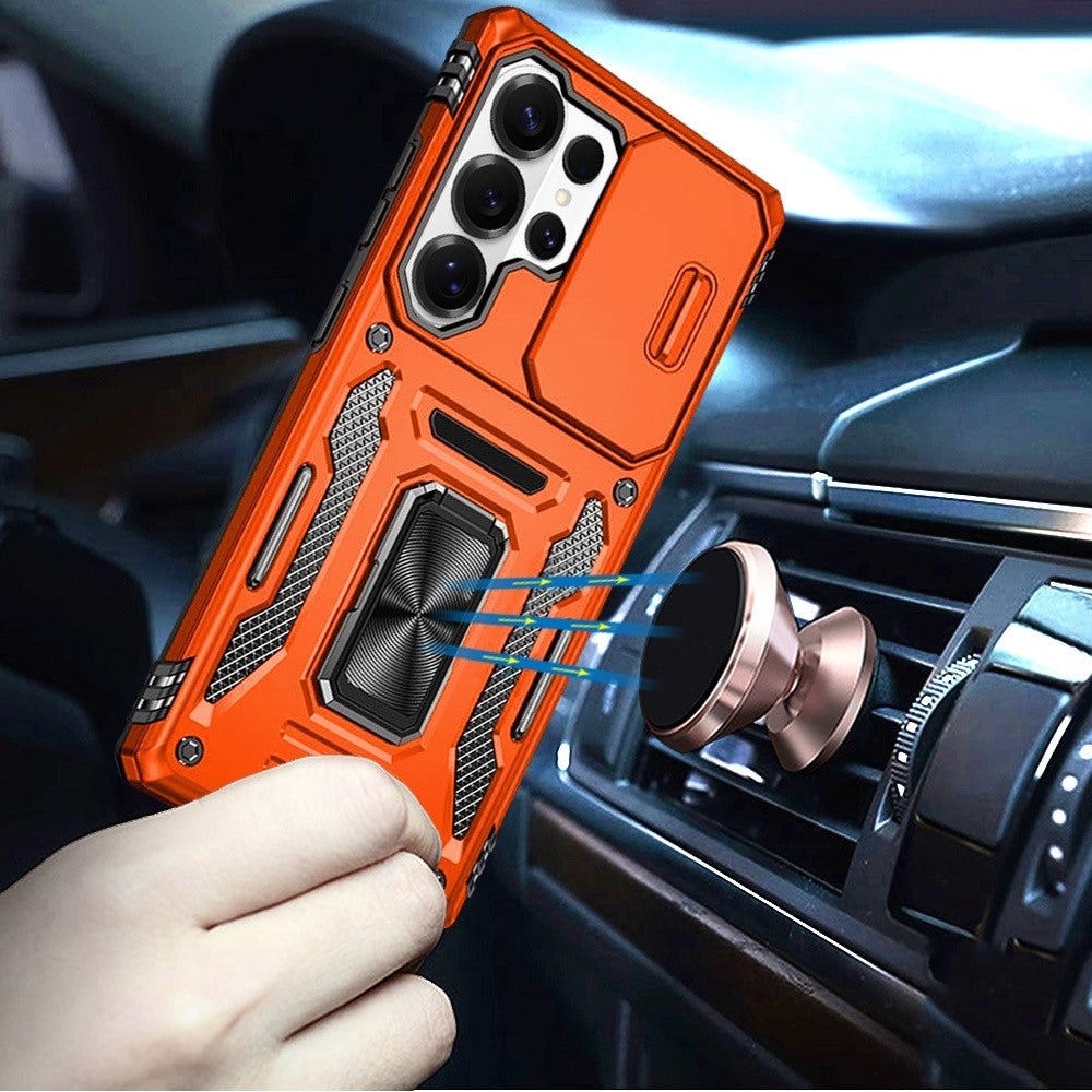 For Samsung Galaxy S25 Ultra Tough Hybrid Case with Movable Camera Window & Metal Ring Stand Shockproof Case Cover Cosmic Orange