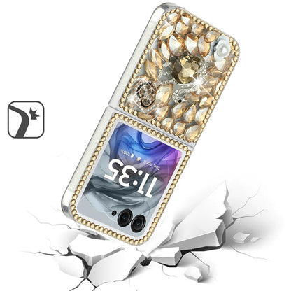 For Samsung Galaxy Z Flip 7 FE Bling Crystal 3D Full Diamonds Luxury Sparkle Rhinestone Hybrid Protective Case Cover Gold Swan Crown Pearl