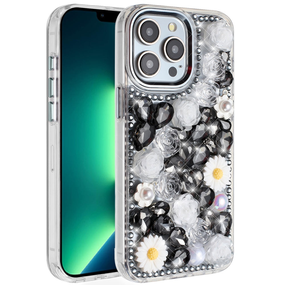 For Apple iPhone 13 Pro Max Fashion Daisy Floral Series, Full 3D Bling Crystal Diamonds Sparkling Rhinestone Glitter Hybrid Design Case Cover Black