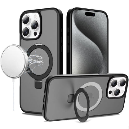 Phone Case for iPhone 15 Pro Max (6.7") Magnetic Ring Stand Full Rotation Matte Shockproof Grip Anti Slip Durable Camera Protection Hybrid Cover Black