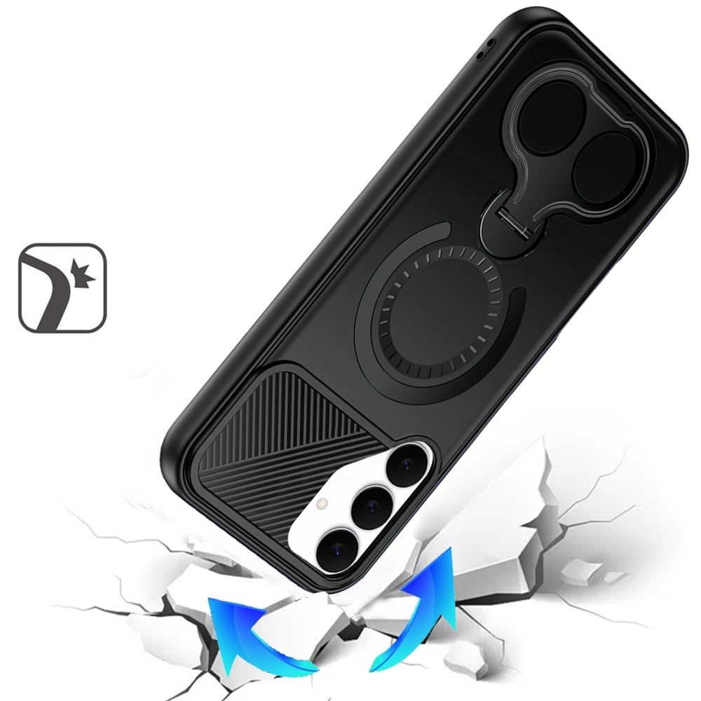 Phone Case for Samsung Galaxy S25 FE, S25 Fan Edition Magnetic 2 Ring Stand Car Mount Friendly Shockproof Rugged Grip Armor Dual Ring Kickstand Heavy Duty Hybrid Cover Black