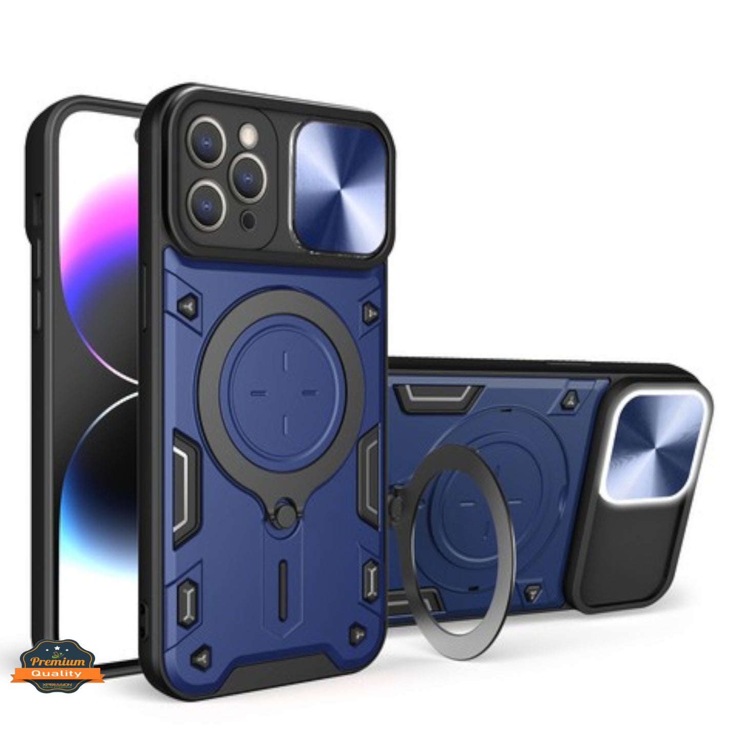 For Apple iPhone 16 Pro (6.3") Magnetic Circle Ring Stand Compatible with Magsafe and Sliding Camera Lens Protector Hybrid Shockproof Case Cover