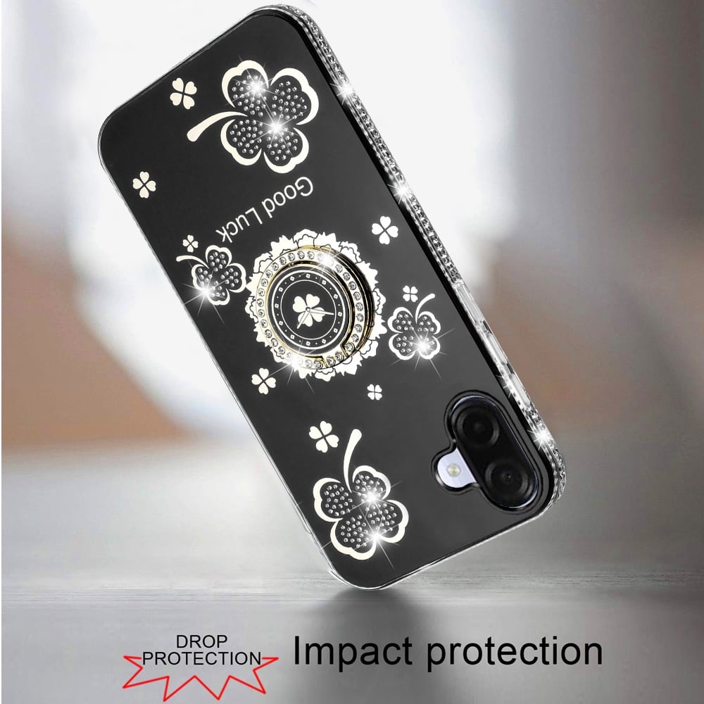 For Samsung Galaxy A07 Diamonds Bling All Around Edges Sparkly Glitter Hybrid with Ring Stand Holder Fashion Good Luck Case Cover