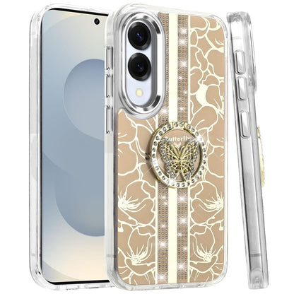 For Samsung Galaxy S25 Edge Diamonds 3D Fashion Bling Sparkly Glitter Ornaments Engraving Hybrid with Ring Stand Case Cover