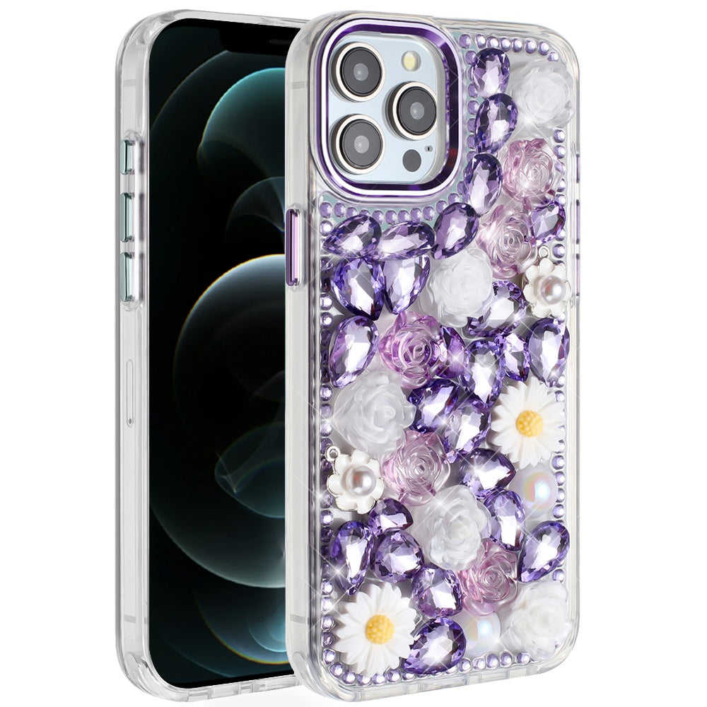 For Apple iPhone 14 /13 Fashion Daisy Floral Series, Full 3D Bling Crystal Diamonds Sparkling Rhinestone Glitter Hybrid Design Case Cover Purple