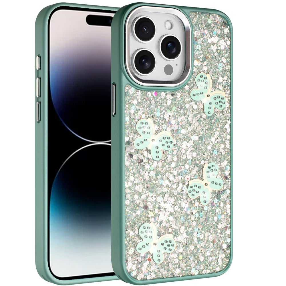 For iPhone 14 Pro Max (6.7") Cute Butterfly Crystal Diamond Glitter Case Sparkle Bling Frame Metallic Edges, Shimmer TPU Hybrid Case Cover