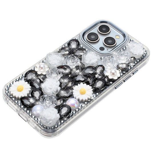 For Apple iPhone 13 Pro Max Fashion Daisy Floral Series, Full 3D Bling Crystal Diamonds Sparkling Rhinestone Glitter Hybrid Design Case Cover Black