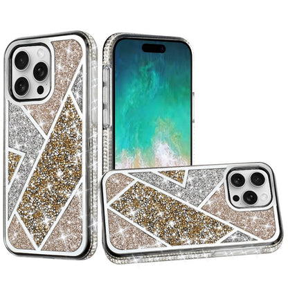 For Apple iPhone 16 Pro Max (6.9") Cute Fancy Glitter Bling Diamond Rhinestone Sparkly Bumper Fashion Shiny Hybrid Rugged TPU Case Cover Gold