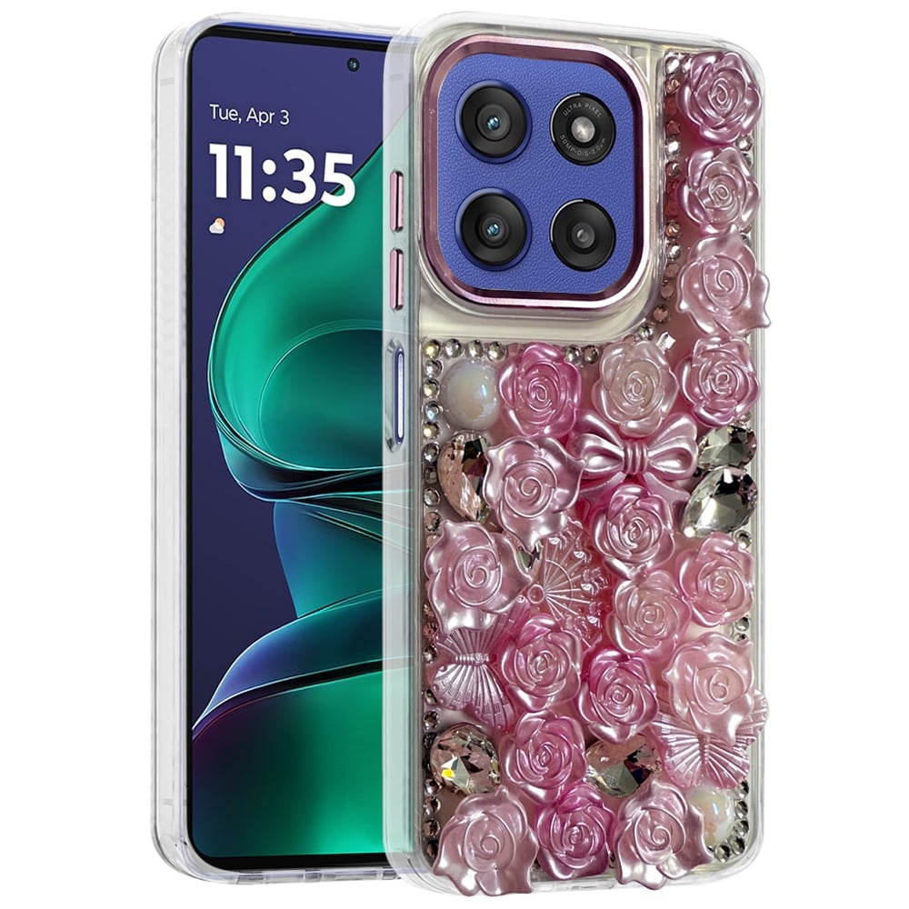 For Motorola Moto G Stylus 5G 2026 /2025 3D Diamond Floral Roses Flower Bling Stone Hybrid, Sparkly Rhinestone Gemstone Back Shockproof Case Cover