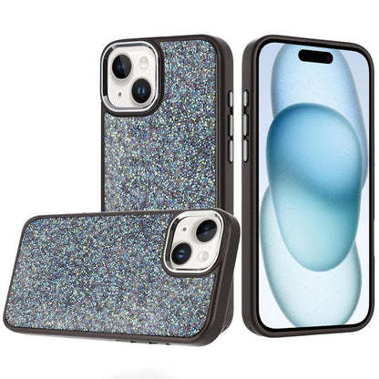 For iPhone 15 (6.1") Crystal Sparkle Diamond Glass Full Mini Glitter Bling Frame TPU Hybrid Protective Case Cover