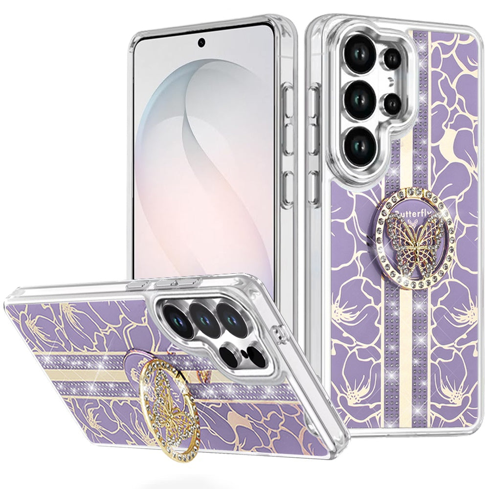 For Samsung Galaxy S26 Ultra Diamonds 3D Butterfly Floral Design Bling Sparkly Glitter Hybrid Metal Fashion with Ring Stand Case Cover