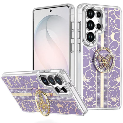 For Samsung Galaxy S26 Ultra Diamonds 3D Butterfly Floral Design Bling Sparkly Glitter Hybrid Metal Fashion with Ring Stand Case Cover