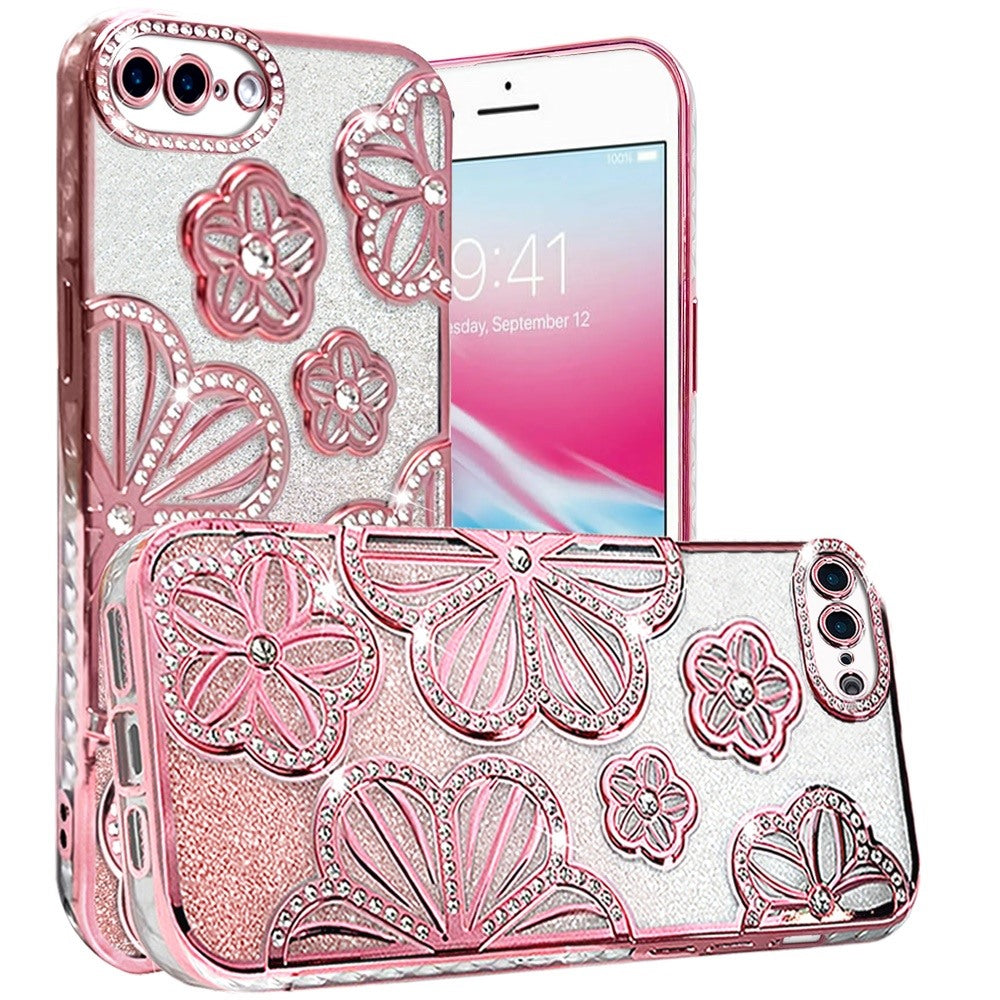 For Apple iPhone 8 Plus/7 Plus Luxury Floral Design Sparkle Glitter Diamond Crystal Rhinestone Shimmer Bling Plating Thick TPU Hard PC Case Cover
