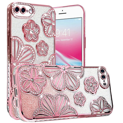 For Apple iPhone 8 Plus/7 Plus Luxury Floral Design Sparkle Glitter Diamond Crystal Rhinestone Shimmer Bling Plating Thick TPU Hard PC Case Cover