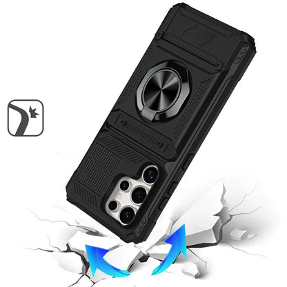 For Samsung Galaxy S26 Ultra 2X Card Slot Metal Ring Stand Hybrid Shockproof Heavy Duty Drop Protection Multi Functional Design Case Cover