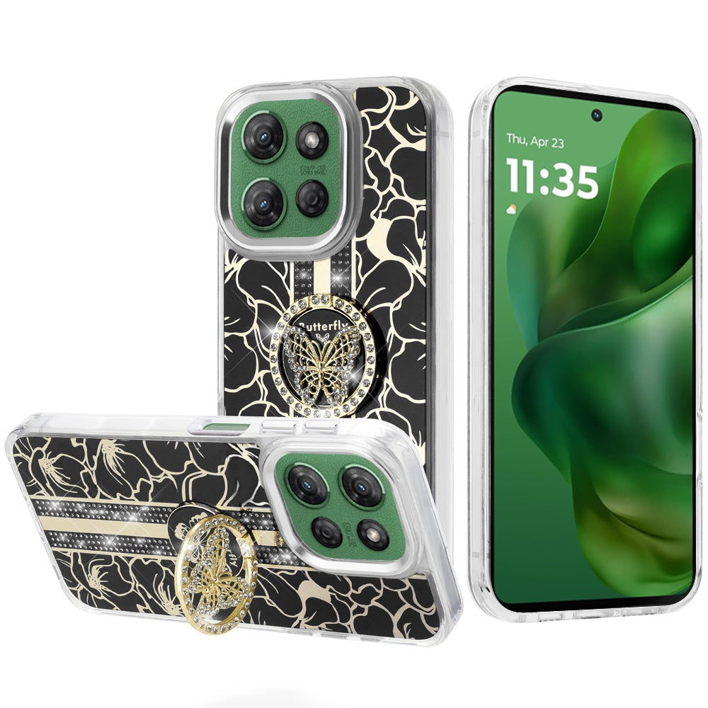 For Motorola Moto G 5G /Moto G 2025 Diamonds 3D Butterfly Floral Design Bling Sparkly Glitter Hybrid Metal Fashion with Ring Stand Case Cover