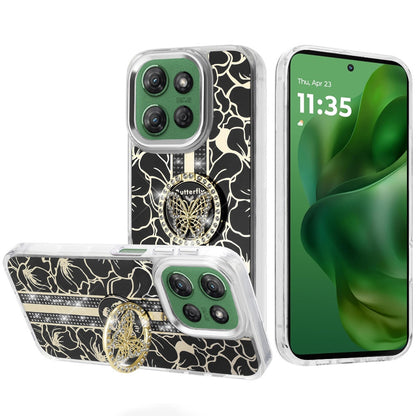 For Motorola Moto G 5G /Moto G 2025 Diamonds 3D Butterfly Floral Design Bling Sparkly Glitter Hybrid Metal Fashion with Ring Stand Case Cover