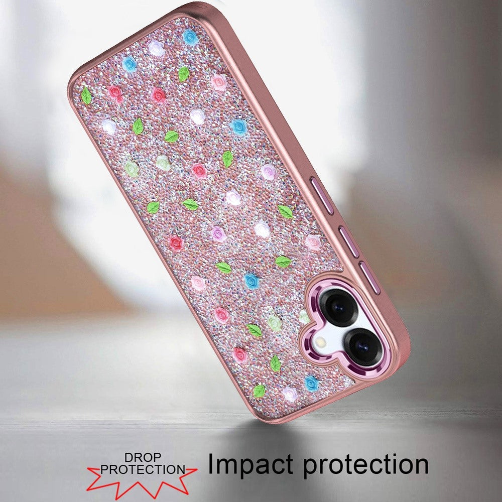 For Apple iPhone 12 /12 Pro Floral Design Embedded Glass Diamond Fancy Fashion Glitter Bling Sparkly Hybrid Rugged TPU Bumper Case Cover Rose Gold