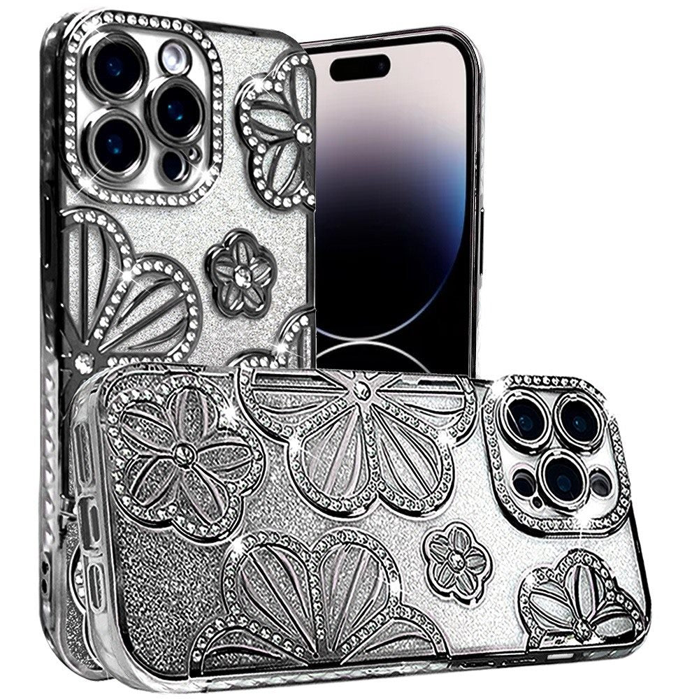 For Apple iPhone 13 Pro Max Luxury Floral Design Sparkle Glitter Diamond Crystal Rhinestone Shimmer Bling Plating Thick TPU Hard PC Case Cover