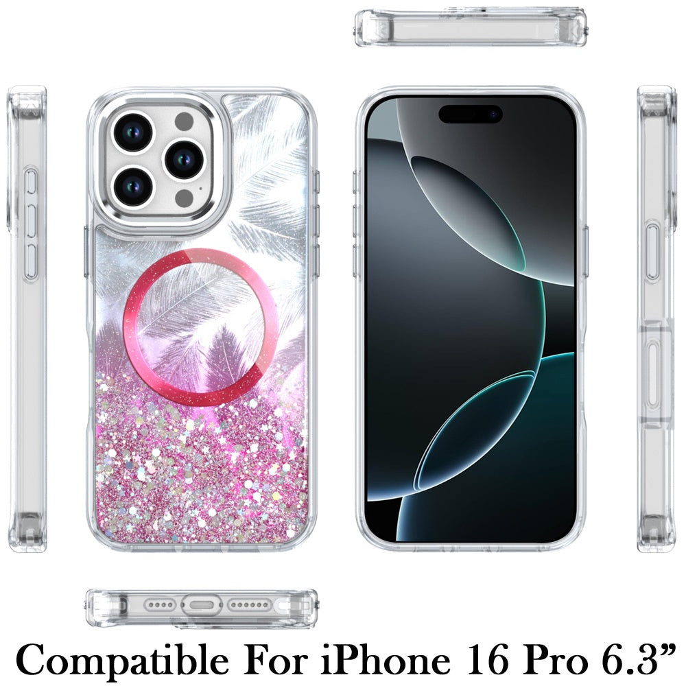 For Apple iPhone 16 Pro Epoxy Glitter Shimmer Fashion Case with Magnetic Magsafe Compatible Hybrid Sparkling Slim Protective Case Cover Hot Pink
