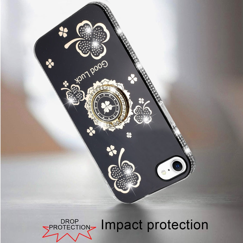 For Apple iPhone 17E /16E Diamonds Bling All Around Edges Sparkly Glitter Hybrid with Ring Stand Holder Fashion Good Luck Case Cover