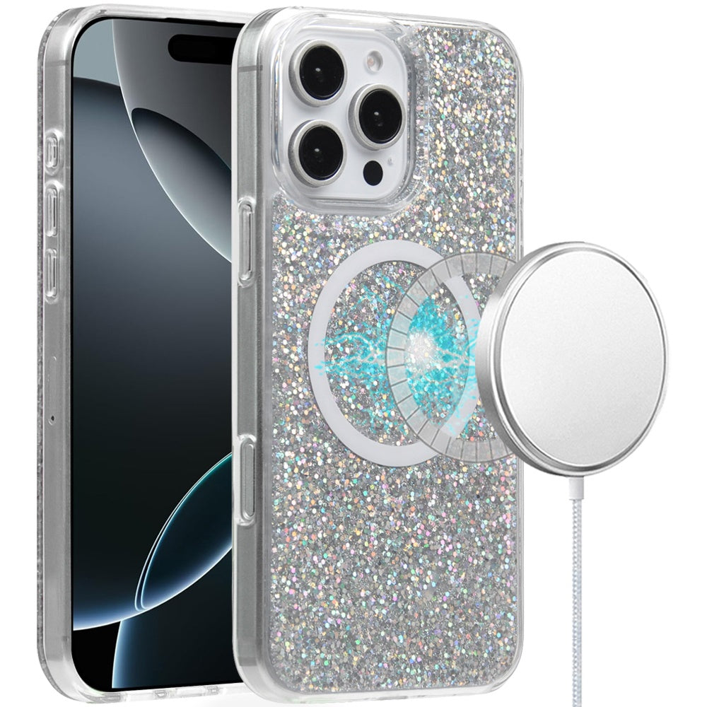 For Apple iPhone 16 Pro (6.3") Premium Transparent Epoxy Glitter Bling Magnetic Circle Compatible with MagSafe Hybrid Sparkle TPU Case Cover