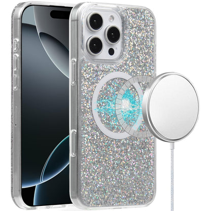 For Apple iPhone 16 Pro (6.3") Premium Transparent Epoxy Glitter Bling Magnetic Circle Compatible with MagSafe Hybrid Sparkle TPU Case Cover