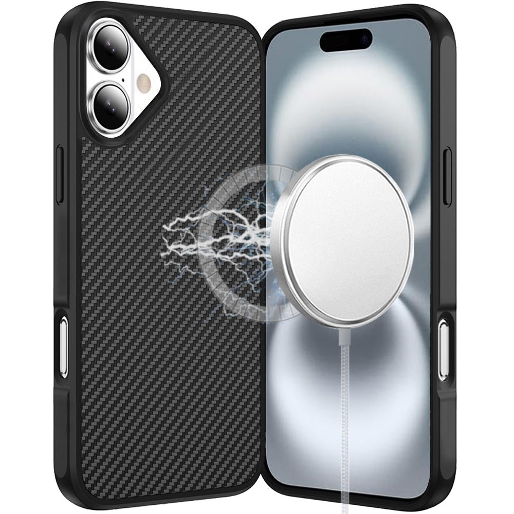 For Apple iPhone 12 Pro Max Carbon Fiber Design with Magnetic HQ 2.0mm Thick Hybrid Shockproof Rubber Hard PC Case Cover Black