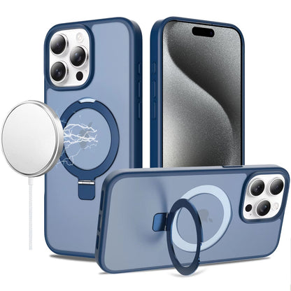 Phone Case for iPhone 15 Pro Max (6.7") Magnetic Ring Stand Full Rotation Matte Shockproof Grip Anti Slip Durable Camera Protection Hybrid Cover Blue