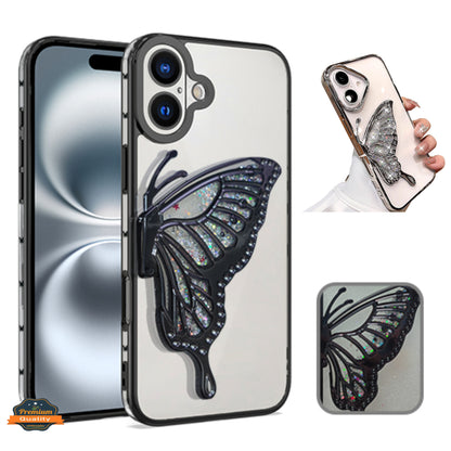 For Apple iPhone 16 Pro Max (6.9") Glitter 3D Butterfly Bling Luxury Electroplate Chrome Sparkle Liquid Flowing Plating Bumper Case Cover
