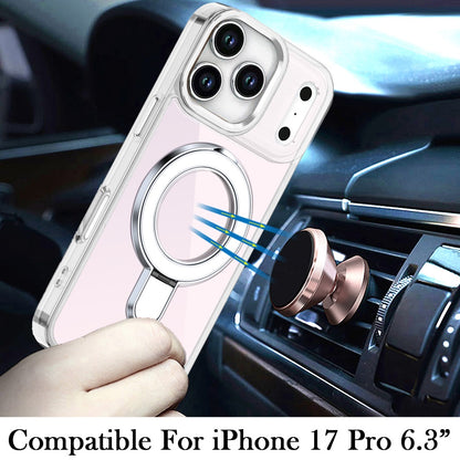 For Apple iPhone 17 Pro Chrome Hybrid with Rotating Magnetic Circle Ring Stand, Slim Shockproof Hybrid Case Cover