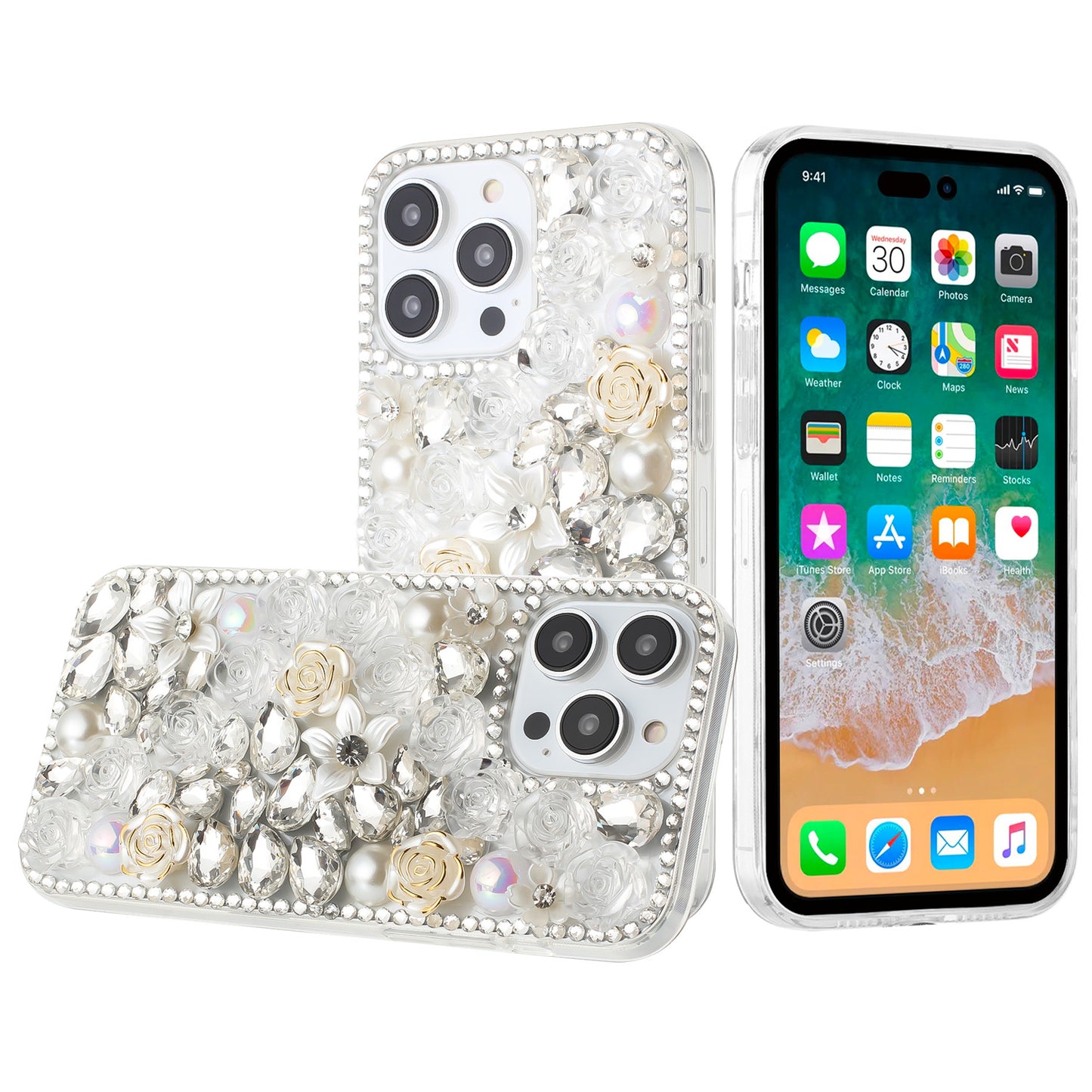 For Apple iPhone 17E /16E Fashion Rose Flower Floral Bling Crystal 3D Full Diamonds Pearl Sparkle Rhinestone Glitter Hybrid Case Cover