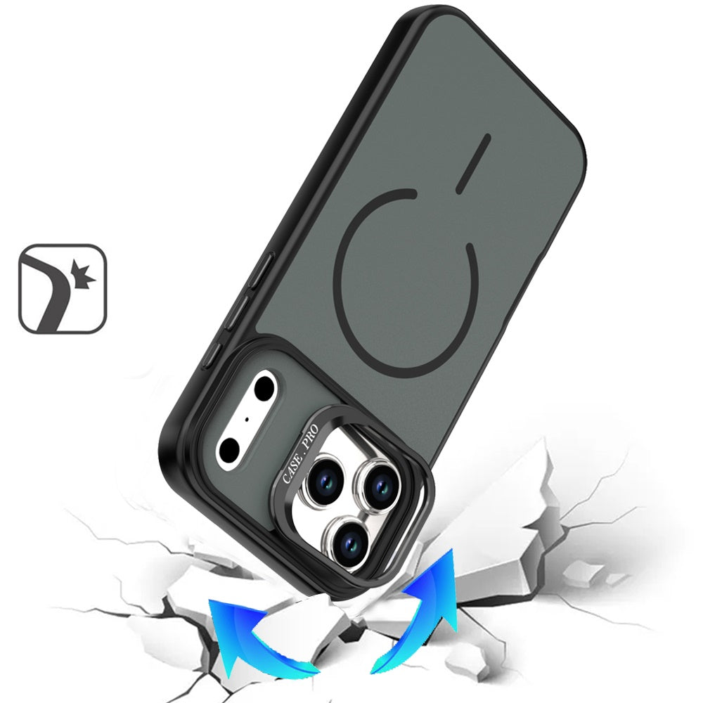 For Apple iPhone 17 Pro (6.3") Magnetic Matte Metal Camera Stand Hybrid Drop Protection Durable Shockproof Slim Fit Design Case Cover
