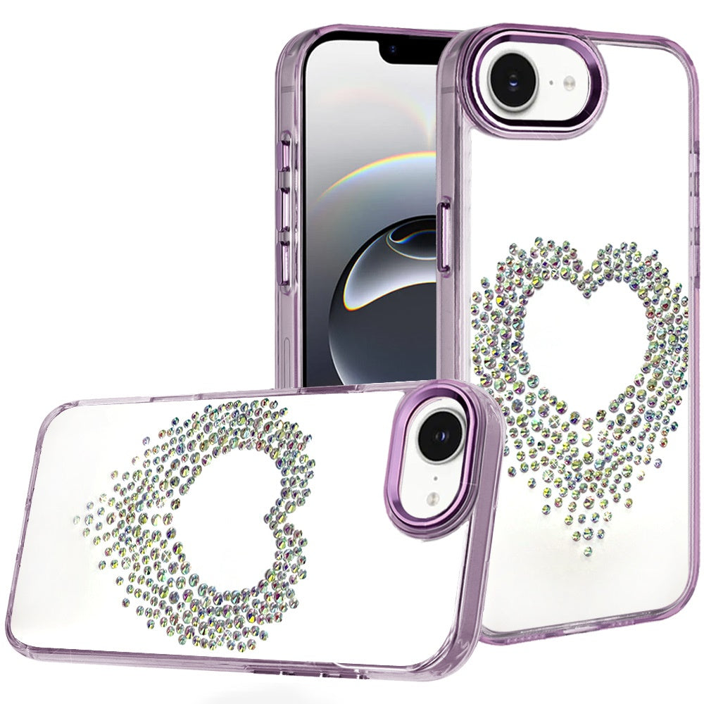 For Apple iPhone 17E /16E Angel Hearts Bling Glitter Diamond Hybrid TPU Cover, Colorful Frame Shockproof Protective Back Case Cover Purple