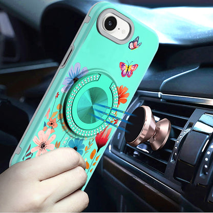 For Apple iPhone 16e Pattern Design Hybrid with Invisible Ring Stand & Magnetic Back, Shockproof Protective Grip Case Cover Summer Bloom
