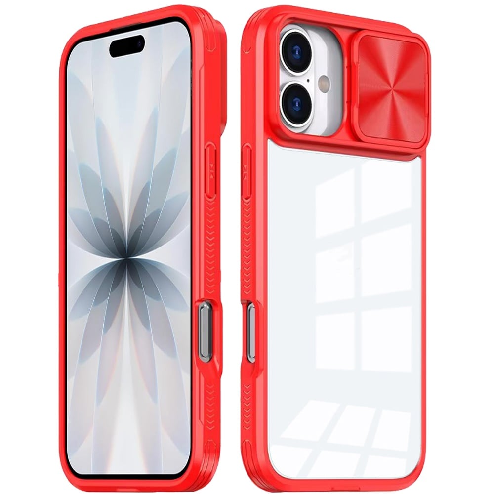 For Apple iPhone 17 (6.3") Hybrid Cases with Sliding Camera Cover Transparent Shockproof Bumper TPU Protective Case Cover Red