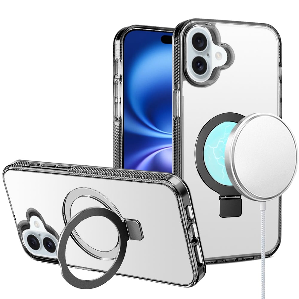 For Apple iPhone 17 (6.3") Transparent Magnetic Ring Circle Stand with MagSafe Compatible Hybrid Dotted Edged Hard PC Shockproof Case Cover Cosmic Orange