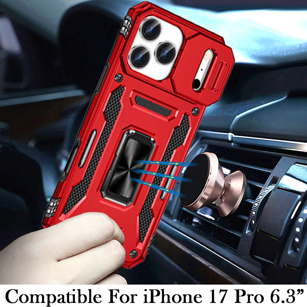 For Apple iPhone 17 Pro (6.3") Tough Hybrid Case with Movable Camera Window & Metal Ring Stand Shockproof Case Cover