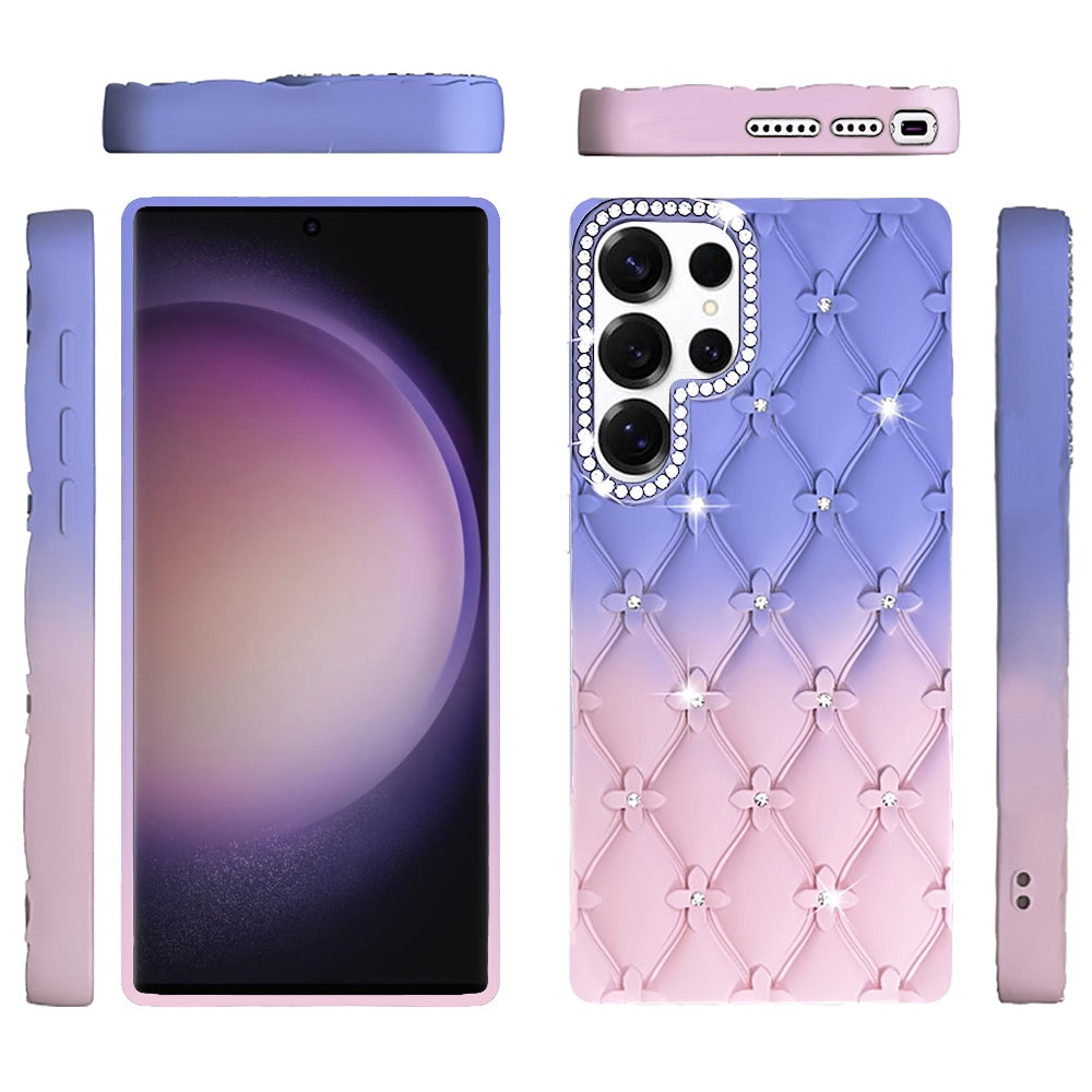 For Samsung Galaxy S23 Ultra Fashion Flower Design Sparkle Glitter Shimmer Rhinestone Bling Floral Accents, Leather Texture TPU Case Cover