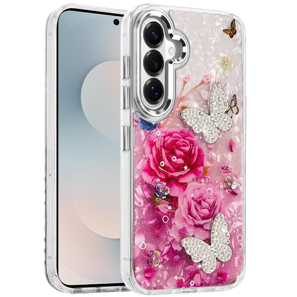 For Samsung Galaxy S26 Epoxy Glitter Flowers Bling 3D Butterfly Fashion TPU Hybrid with Shockproof Protection Case Cover