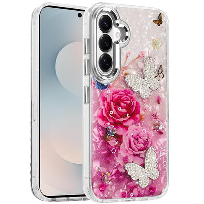 For Samsung Galaxy S26 Epoxy Glitter Flowers Bling 3D Butterfly Fashion TPU Hybrid with Shockproof Protection Case Cover