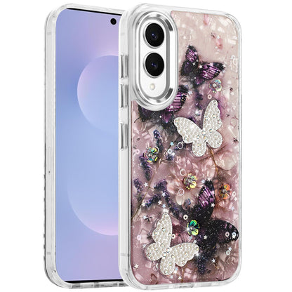 For Samsung Galaxy S25 EDGE Epoxy Glitter Flowers Bling 3D Butterfly Fashion TPU Hybrid with Shockproof Protection Case Cover
