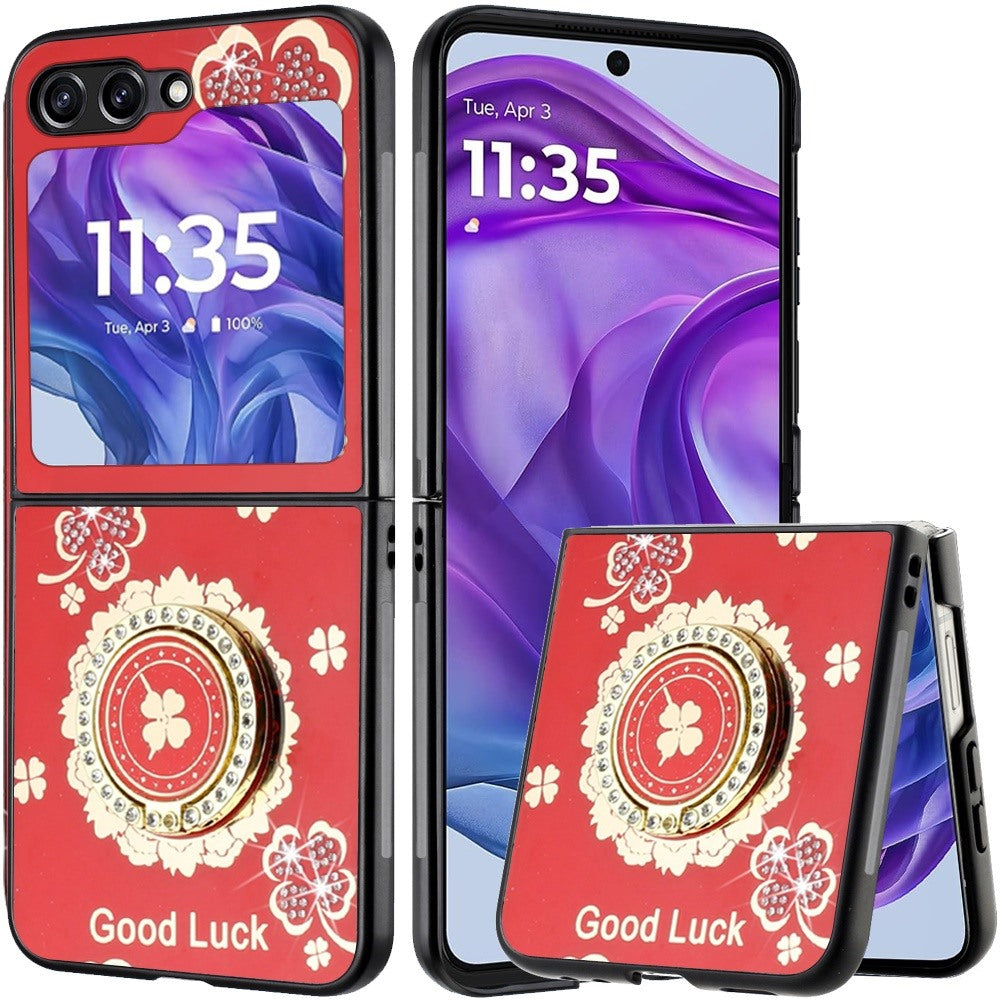 For Samsung Galaxy Z Fold 7 Diamonds 3D Fashion Floral Bling Sparkly Glitter Ornaments Engraving Hybrid with Ring Stand Case Cover Red Good Luck Floral