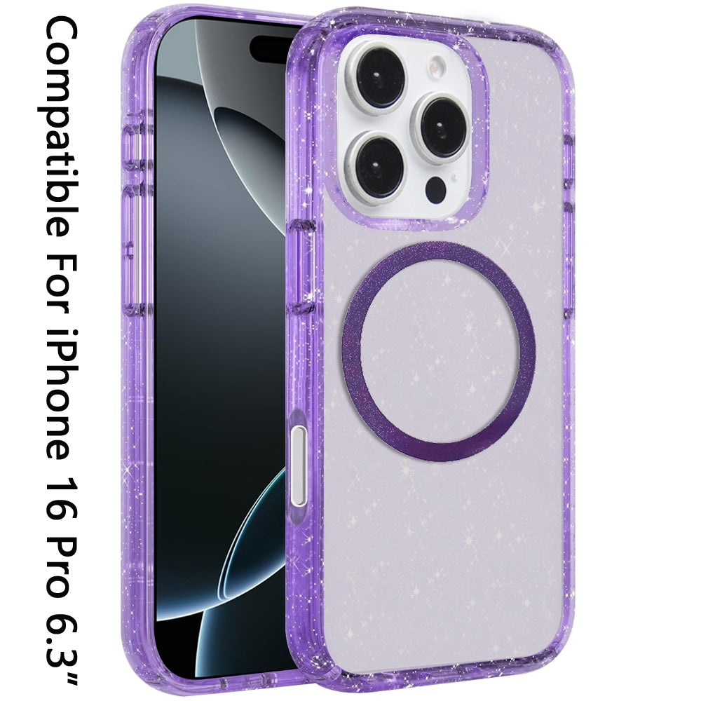 For Apple iPhone 16 Pro (6.3") Transparent Glitter Bling Sparkly Shiny Case Hybrid Magnetic Circle Compatible with MagSafe Shockproof Case Cover
