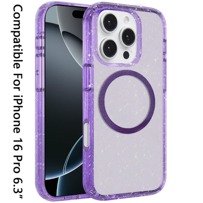 For Apple iPhone 16 Pro (6.3") Transparent Glitter Bling Sparkly Shiny Case Hybrid Magnetic Circle Compatible with MagSafe Shockproof Case Cover