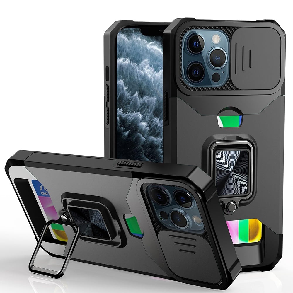 For Apple iPhone 11 Pro Max Wallet Case with Ring Stand & Slide Camera Cover Back Credit Card Slot Holder, Military Grade Case Cover Black