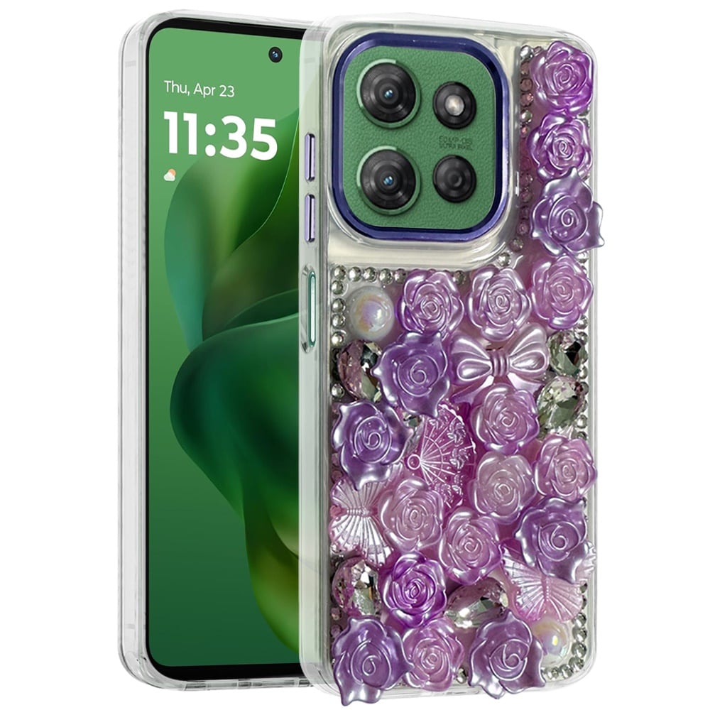 For Motorola Moto G Power 5G 2026 /2025 3D Diamond Floral Roses Flower Bling Stone Hybrid, Sparkly Rhinestone Gemstone Back Shockproof Case Cover